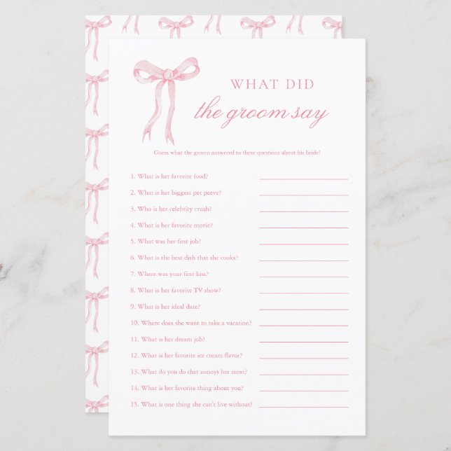 Pink Bow What Did The Groom Say Pink Bridal Game (Front/Back)