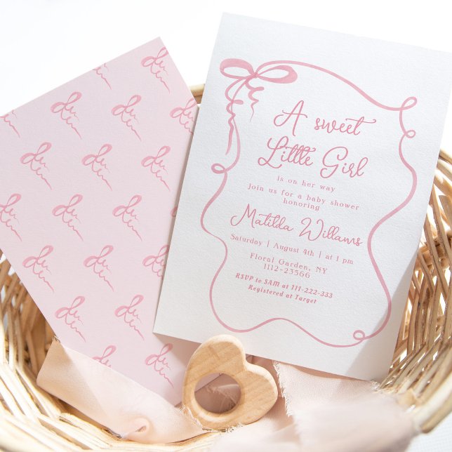 Pink bow whimsical wavy frame girl baby shower invitation (Creator Uploaded)