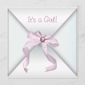Pink Bow White Baby Girl Shower Invitations