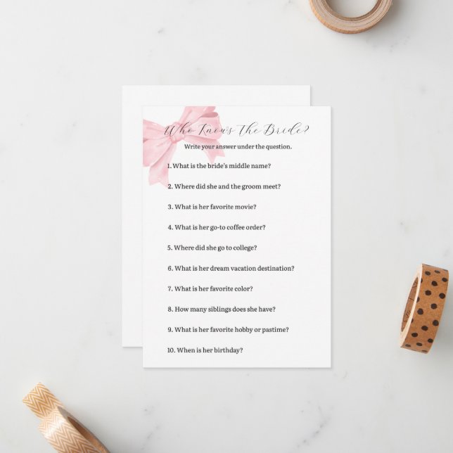 Pink Bow Who Knows the Bride Game – Bridal Shower Card (Front/Back In Situ)