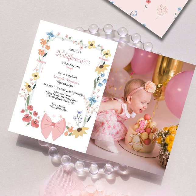 Pink Bow Wildflower 1st Birthday Photo Invitation (Creator Uploaded)