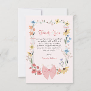 Pink Bow Wildflower 1st Birthday  Thank You Card