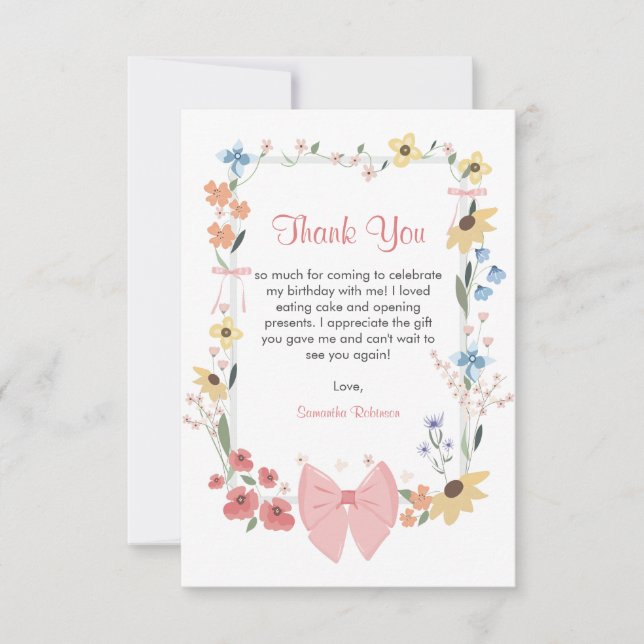 Pink Bow Wildflower 1st Birthday  Thank You Card (Front)