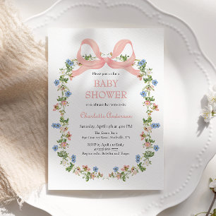 Pink Bow Wildflower Baby Girl Baby Shower Invitation