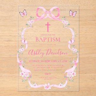 Pink Bow Wildflower Butterfly Baptism Christening Acrylic Invitations