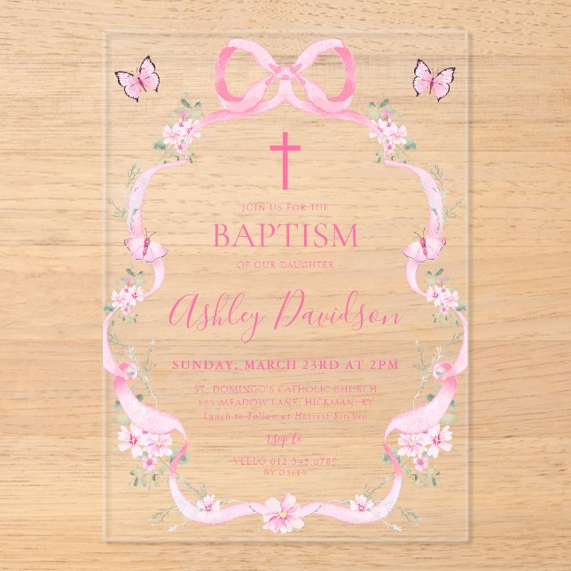 Pink Bow Wildflower Butterfly Baptism Christening Acrylic Invitations (Front)