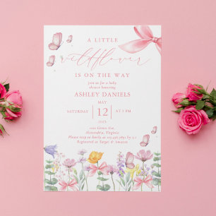 Pink Bow Wildflower Girl Baby Shower Invitation