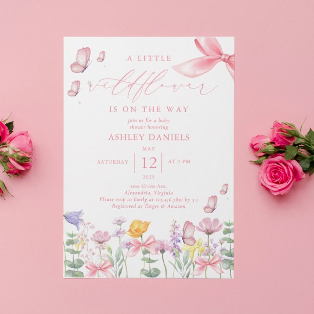 Pink Bow Wildflower Girl Baby Shower Invitation (Creator Uploaded)