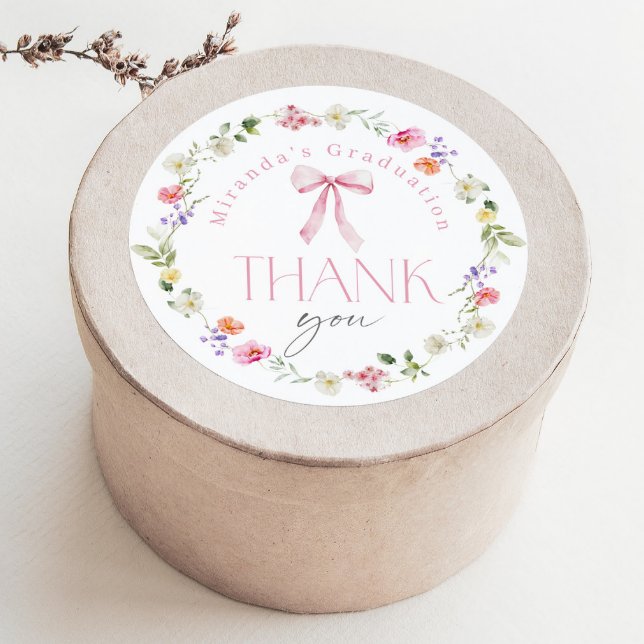 Pink Bow Wildflower Graduation party Thank you Classic Round Sticker (Creator Uploaded)