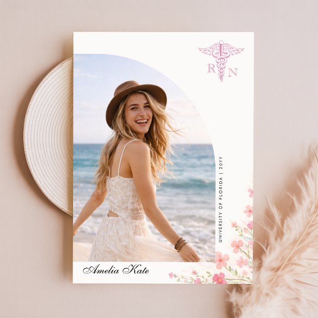 Pink Bow Wildflower Nurse Graduation Invitation Postcard (Creator Uploaded)
