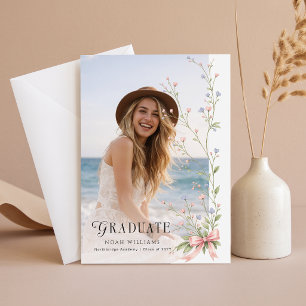 Pink Bow Wildflower Photo Graduation Announcement Postcard