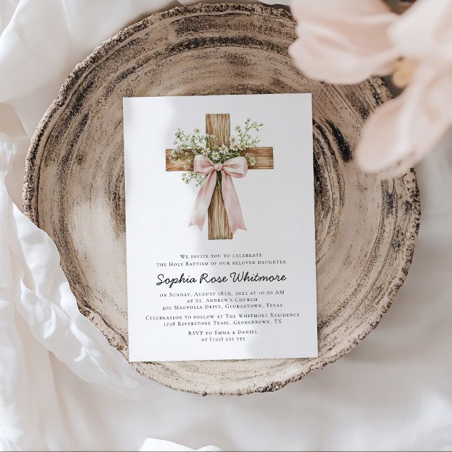 Pink Bow Wildflowers Baptism Invitation (Creator Uploaded)