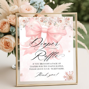 Pink Bow Winter Baby Shower Diaper Raffle Poster