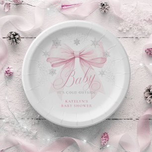 Pink Bow Winter Baby Shower Paper Plates