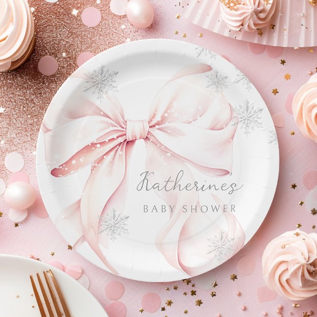 Pink Bow Winter Baby Shower Party Paper Plate (Creator Uploaded)