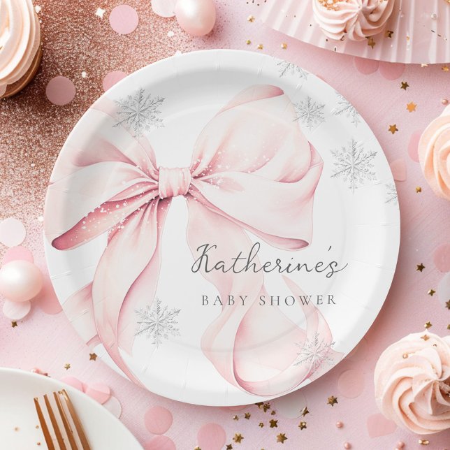 Pink Bow Winter Baby Shower Party Paper Plate (Creator Uploaded)