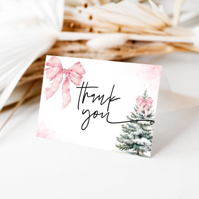Pink Bow Winter Baby Shower Snowflake Holiday Thank You Card (Creator Uploaded)