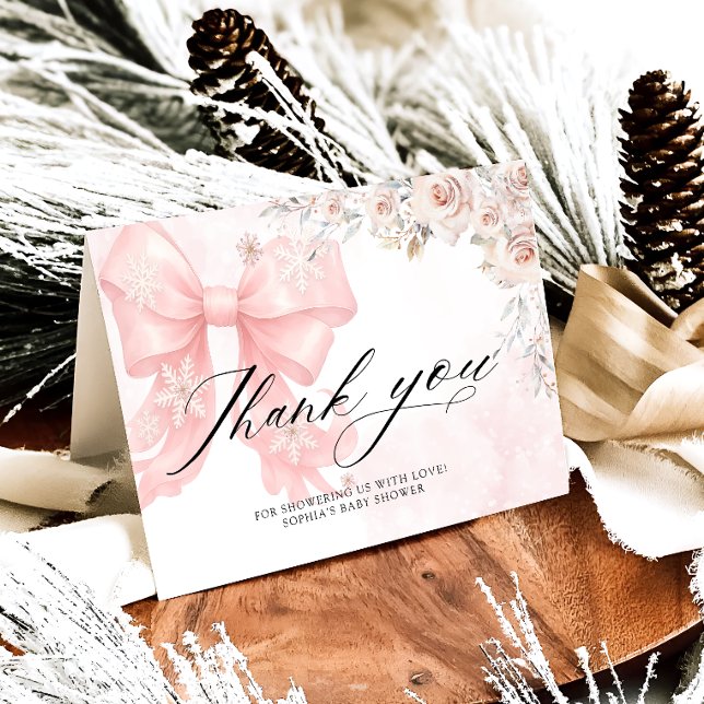 Pink Bow Winter Baby Shower Thank You Card (Creator Uploaded)