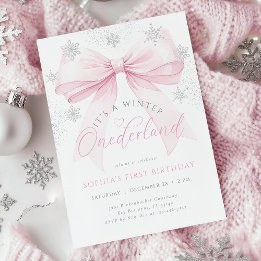 Pink Bow Winter First Birthday Invitation