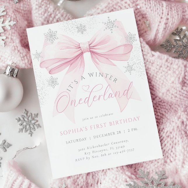 Pink Bow Winter First Birthday Invitation (Creator Uploaded)