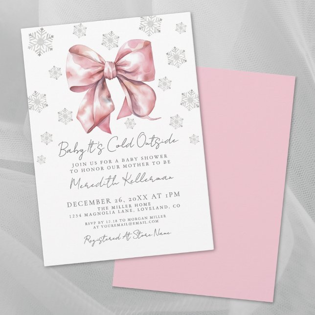 Pink Bow Winter Girl Baby Shower Invitation (Pink Bow Winter Girl Baby Shower Invitation )