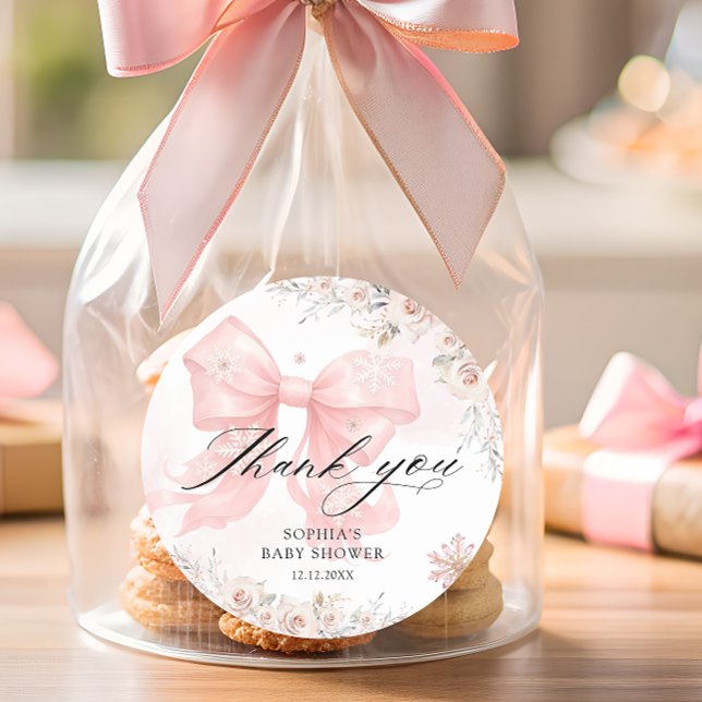 Pink Bow Winter Girl Baby Shower Thank You  Classic Round Sticker (Creator Uploaded)