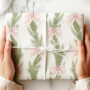 Pink Bow Winter Green Wrapping Paper