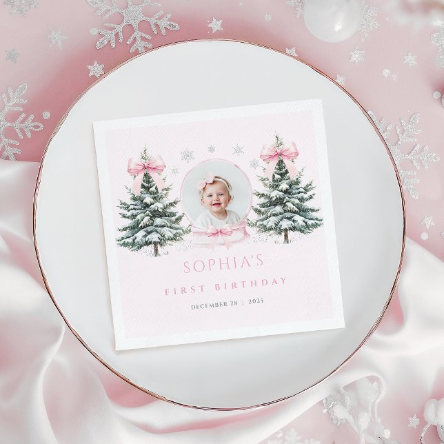 Pink Bow Winter Onderland First Birthday Napkins (Creator Uploaded)