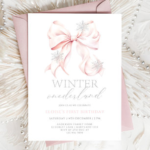 Pink Bow Winter Onederland 1st Birthday Invitation