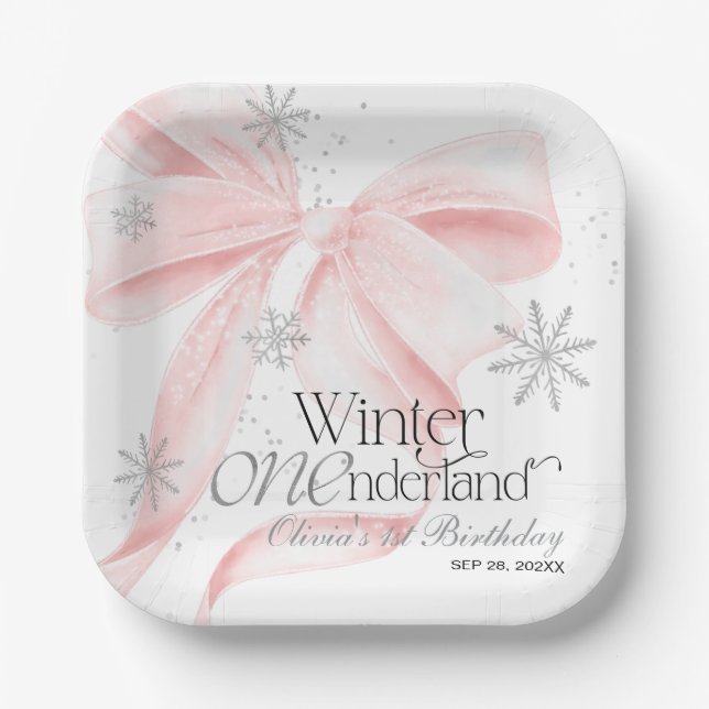 Pink Bow Winter Onederland 1st Birthday Paper Plate (Front)