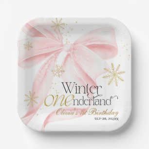 Pink Bow Winter Onederland 1st Birthday Paper Plate