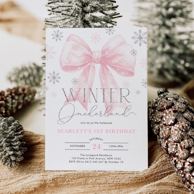 Pink Bow Winter Onederland 1st Birthday Party Invitation (Creator Uploaded)