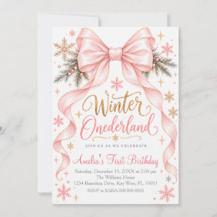 Pink Bow Winter Onederland First Birthday Invitation