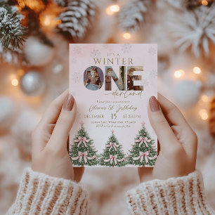Pink Bow Winter Onederland Girl 1st Birthday Photo Invitation