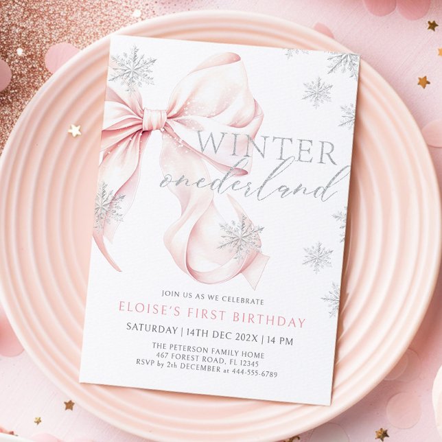 Pink Bow Winter Onederland Glitter 1st Birthday Invitation (Creator Uploaded)