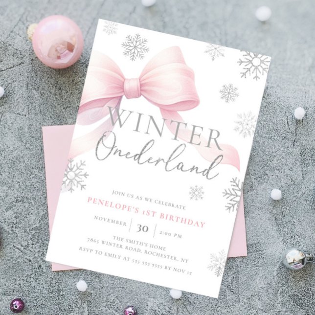 Pink Bow Winter Onederland Snowflake 1st Birthday Invitation (Creator Uploaded)