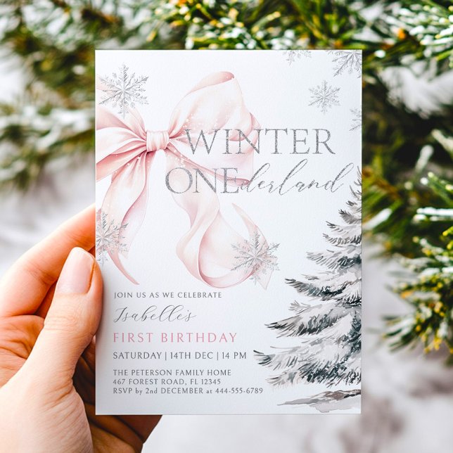 Pink Bow Winter Onerderland Girl 1st Birthday Invitation (Creator Uploaded)