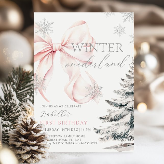 Pink Bow Winter Onerderland Girl 1st Birthday Invitation (Creator Uploaded)