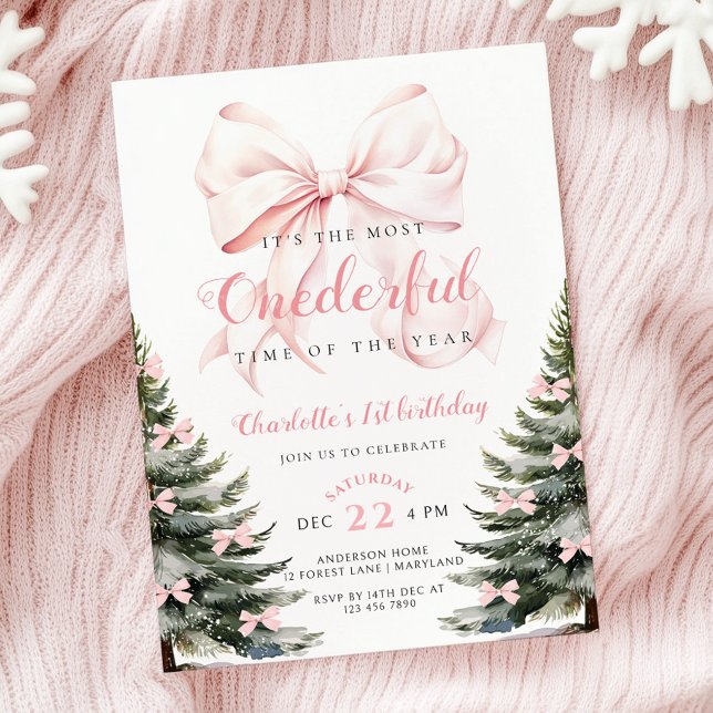 Pink Bow Winter Onerderland Girl 1st Birthday Invitation (Creator Uploaded)