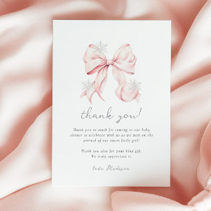 Pink Bow Winter Snowflake Baby Shower Thank You Card