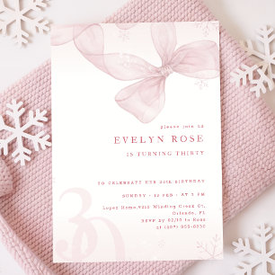Pink Bow Winter Snowflake Girl 30th Birthday Invitation