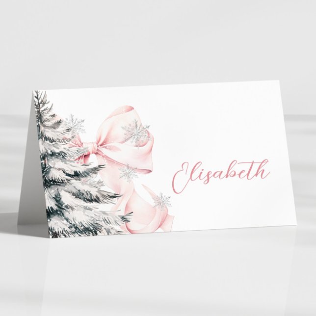 Pink Bow Winter Table Place Card  (Creator Uploaded)