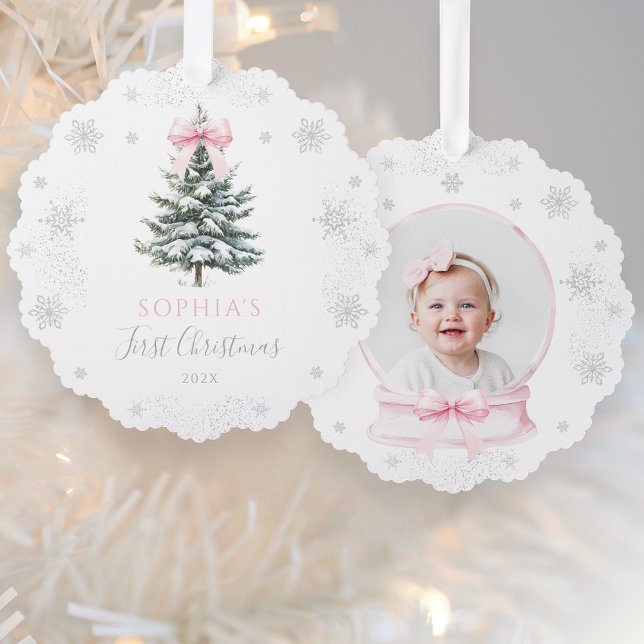 Pink Bow Winter Tree First Christmas Tree Decoration Card (Creator Uploaded)