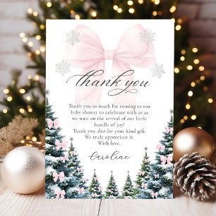 Pink Bow Winter Trees Baby Shower Thank You Card