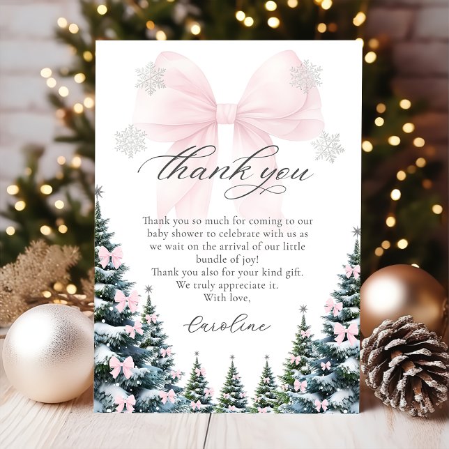 Pink Bow Winter Trees Baby Shower Thank You Card (Creator Uploaded)