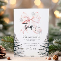 Pink Bow Winter Trees Baby Shower Thank You Card