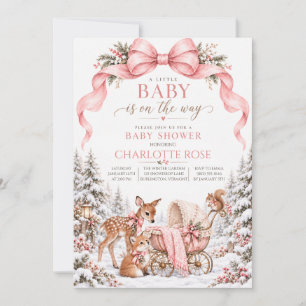 Pink Bow Winter Woodland Animals Girl Baby Shower Invitation