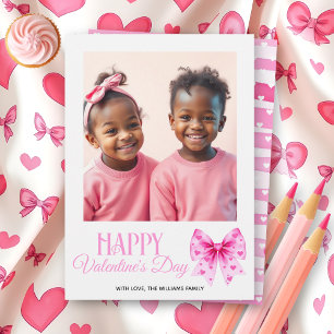 Pink bow with hearts stripes Valentine's Day photo Holiday Card