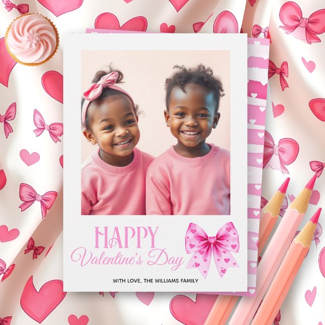 Pink bow with hearts stripes Valentine's Day photo Holiday Card (Creator Uploaded)