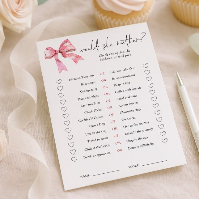 PInk Bow Would She Rather Bridal Shower Game Card (Creator Uploaded)